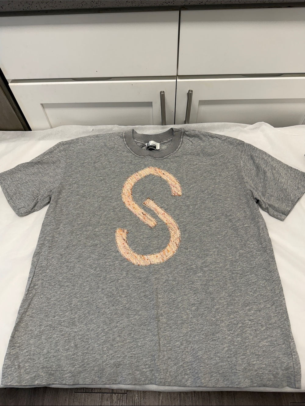 St. John Gray Crewneck Tee with Peach 'S' Patch